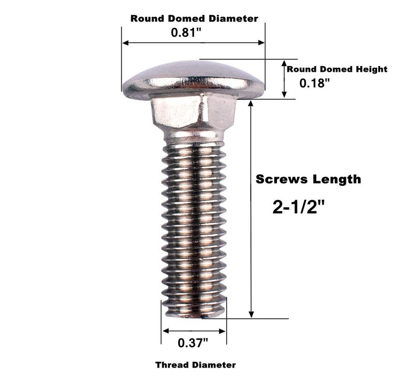 VAMUOEFL 3/8-16 x 2-1/2" Carriage Bolts Screws, 18-8 Stainless Steel 304, Round Head, Square Neck, UNC Fully Machine Coarse Threaded,10Pcs - Image 2